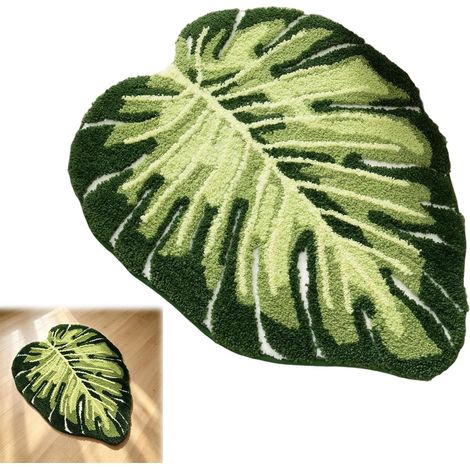 Tapis de bain multicolore - Vert Monstera - Pour salle de bain - Lavable - Antidérapant - En forme de plante tropicale - Tapis de sol - Tapis de WC - 50 x 80 cm (1/5)