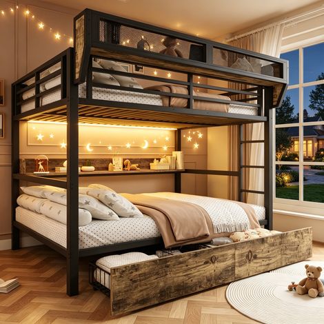 Lit mezzanine enfant 140x200cm avec éclairage LED et panier de rangement,métal lit superposé 2 place avec étagère,2 tiroirs,Barrière surélevée,Noir (1/5)