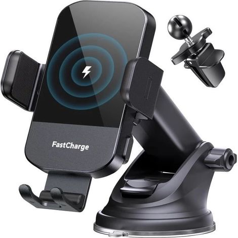 Chargeur de voiture sans fil (noir) - EKESOR - 15 W Qi - Induction magnétique - Fixation par ventouse et grille d'aération - Réglable (1/4)