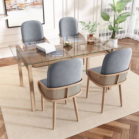 Chaises de salle à manger 4x en velours gris, design rotin, 4 pieds métal effet bois, pour salon ou chambre (1/5)