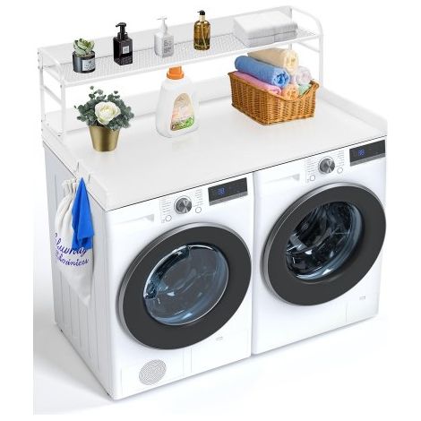 Arbeitsplatte für Waschmaschine und Trockner mit 2-stufigem Regal (1370 x 700 x 419 mm) Trommelregal mit Anti-Rutsch-Pads, wasserabweisende Wäscheauflage für Aufbewahrung weiß (1/5)
