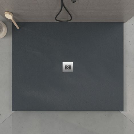 Receveur de douche 120x120 cm extra plat en résine minérale CENTRO surface ardoisée anthracite Grille inox (1/5)