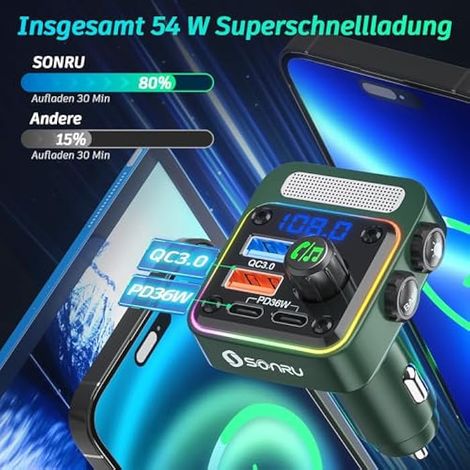 FM-Autosender, Bluetooth 5.3-Adapter, HiFi-Stereo-Freisprecheinrichtung mit Subwoofer und Schnellladegerät für das Auto [PD 36W & QC 3.0 18W].