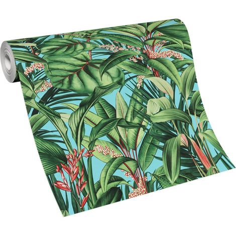 Papier peint tropical vert & turquoise salle de bain | Tapisserie jungle chambre adulte & ado | Papier peint exotique moderne intissé (1/3)