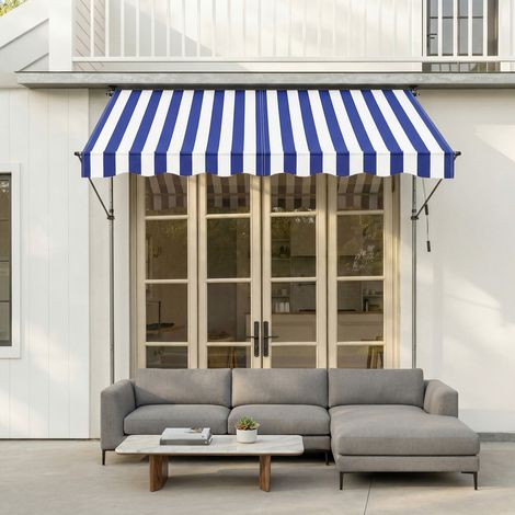 Auvent Rétractable Manuel, Store Réglable avec Manivelle, Terrasse, Balcon, Jardin, 250 x 120 cm, Bleu et Blanc (1/5)