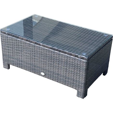 Outsunny – Table basse de jardin en résine tressée – Plateau en verre trempé 5 mm – Dimensions 85x50x39 cm – Couleur marron – Charge max 50 kg