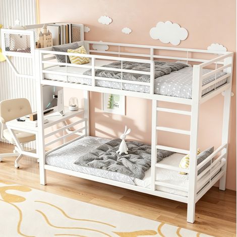 MODFU – Letto a soppalco 90x200 cm in metallo/legno con scrivania, mensole e rete a doghe, carico 120 kg – Bianco (1/5)