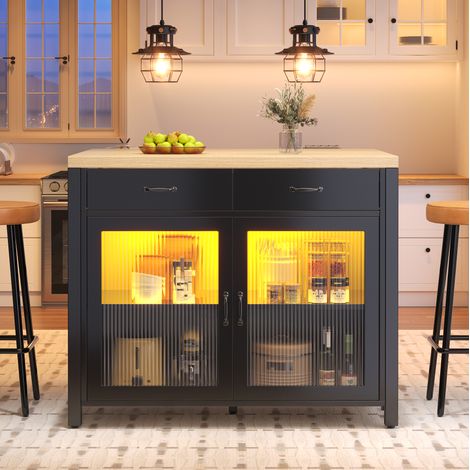 Îlot de cuisine 100x80x90 cm noir en MDF et verre avec 2 tiroirs et pieds réglables (1/5)