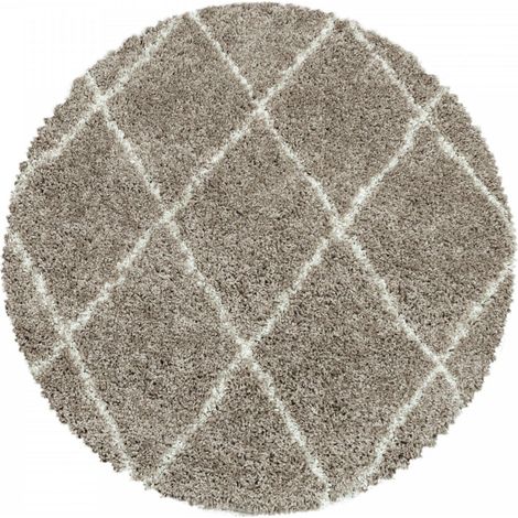 Tapis à Poils Longs Design Berbère Motif Losanges - Beige et Blanc - Rond 80x80cm
