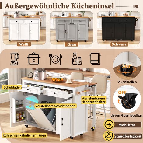 Îlot de cuisine roulant, table escamotable avec plan de travail et compartiment poubelle, îlot mobile autonome avec prises électriques, parfait pour cuisine et salle à manger (Blanc) (1/5)