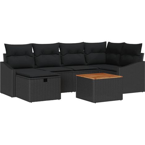 Garden Sofa Set with Cushion 7 pcs Black Poly Rattan vidaXL