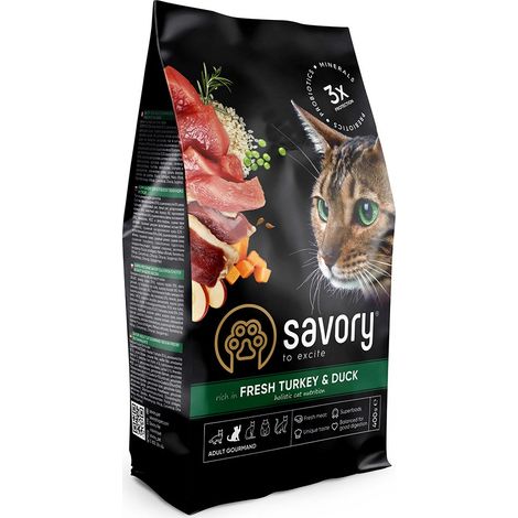 Alimento seco premium sabroso para gatos adultos y mayores, sabor pavo y pato, 400 g. (1/5)