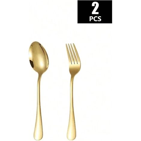 Ensemble fourchette et cuillère en acier inoxydable (2 pièces, doré), idéal pour les cuisines domestiques. (1/5)