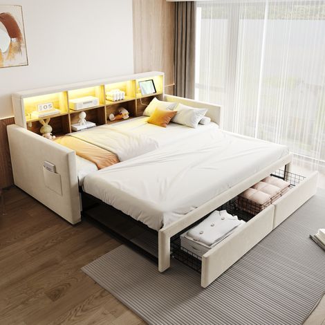 Letto divano allungabile 90x190 cm con LED, prese e 2 cassetti, velluto beige DESVIAE (1/5)