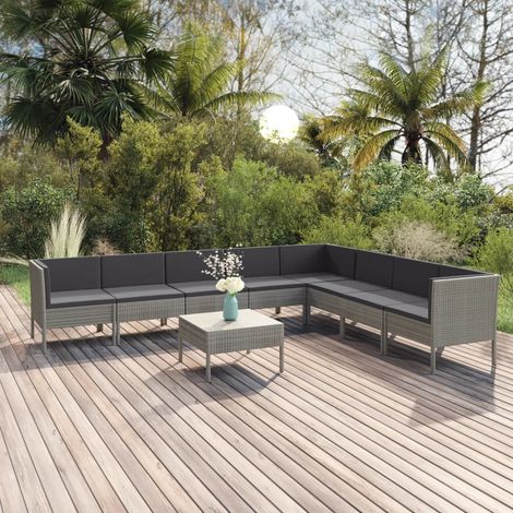 9 pcs Salon de jardin, Ensemble table et chaises de jardin, Meuble de jardin avec coussins Résine tressée Gris MKW888994 (1/5)