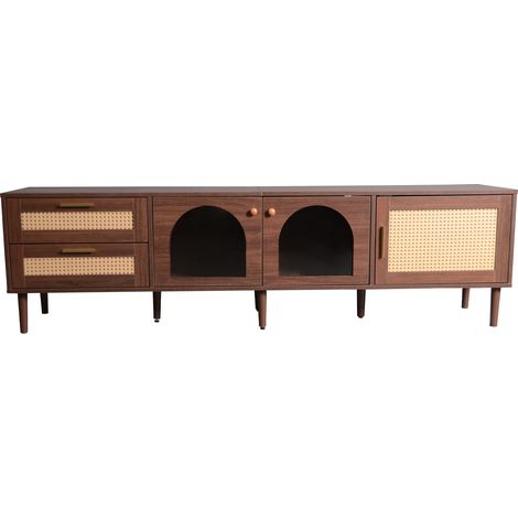 Mobile TV 180 cm marrone per TV fino a 80 pollici, con cassetti rattan e ante vetro (1/5)
