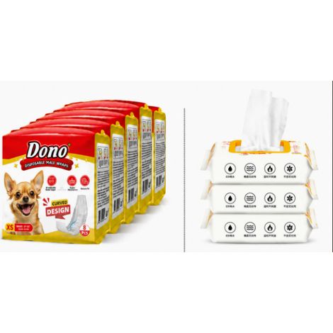 Lot couches jetables chien mâle XS DONO 0,5-2,5kg taille ajustable 10 paquets cadeau 3 paquets lingettes (1/4)