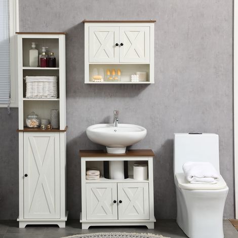 Meuble vasque salle de bain avec armoire 2 portes et étagère ouverte, 60x30x60 cm, en panneau de particules.