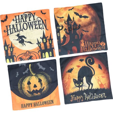 Housse d'oreiller Halloween motif citrouille, fermeture éclair, lin lavable à froid, taie pour décoration maison, lot de 4, teinte 03 (1/5)