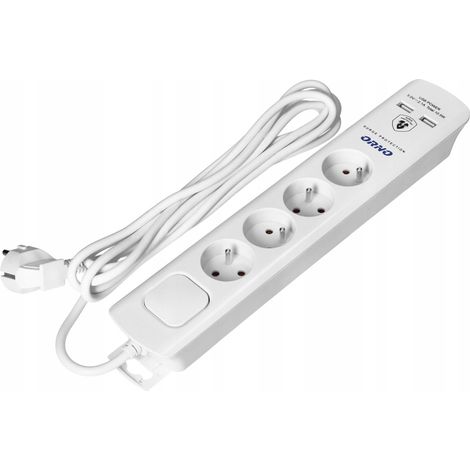Multiprise OR-AE-13243 - 3 m - Blanc - 4 prises - Protection contre les surtensions - Ports de recharge USB (1/5)