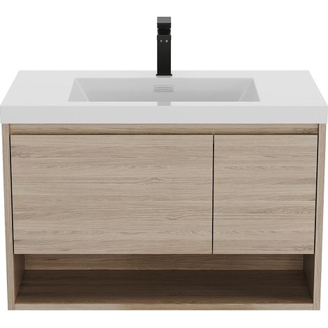 Meuble de salle de bain suspendu simple vasque coloris naturel clair avec robinet - 90 cm - PUJUKA (1/4)