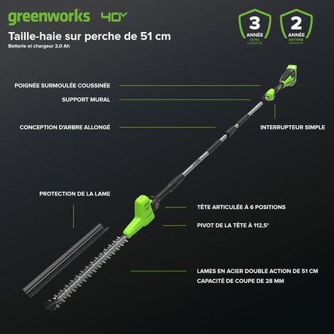 Taille-Haie sur Perche, Lames Double Action 51 cm, Coupe Jusqu'à 28 mm Épaisseur Branche, Tête Pivotante 112.5°, 3200 TR/Min Batterie 2Ah et Chargeur PH40B01-01 (1/5)