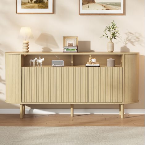 Mueble TV 160 x 40 x 78,5 cm con 3 puertas onduladas, 2 nichos abiertos, color madera natural HAVRYA (1/5)