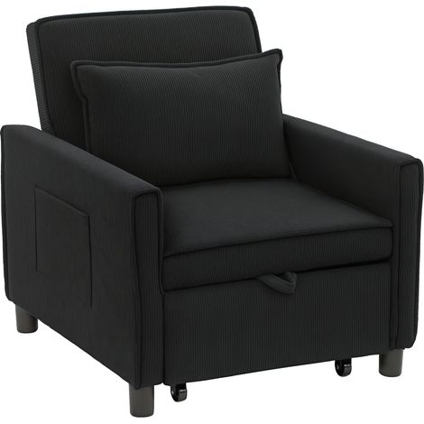 HOMCOM 3-in-1 Schlafsessel, Klappbett mit Bettfunktion, Lendenkissen, Klappbar Liegestuhl mit Verstellbarer Rückenlehne, Rollen, Seitentasche, für Wohnzimmer, Kord, Schwarz (1/5)