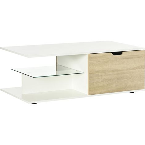 Table basse rectangulaire design contemporain 2 tiroirs 2 niches étagère verre trempé panneaux blanc aspect chêne clair