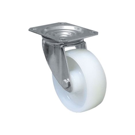 Rueda de nylon y placa giratoria con cojinete liso para pesos de hasta 150 kg varios diámetros COFAN                 Ø80x30mm Placa 105x80mm Tal. 9mm Alto 105mm 150kg