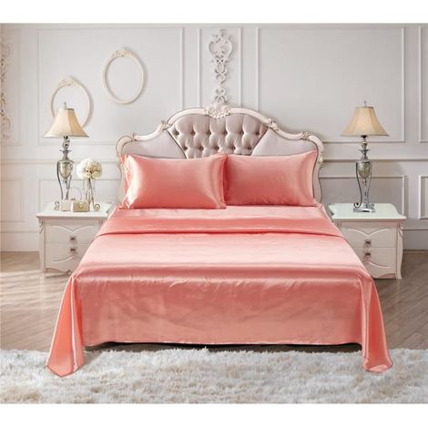 Parure de lit 4 pièces en satin de soie,Drap Housse 153203+30cm - Drap Plat 2 Personne 228 x 259 cm - 2 Taie d'oreiller 50x76cm,F (1/4)