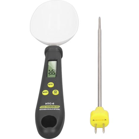 Balance de cuisine électronique multifonctionnelle 2 en 1 avec cuillère et thermomètre intégré.