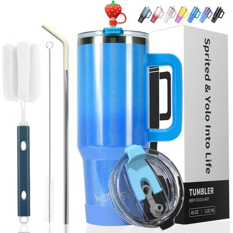 Gobelet Isotherme - 1 Pièce - Acier Inoxydable - Double Paroi Avec Paille Et Poignée - Voyage Et Voiture - 1182 Ml Bleu (1/5)
