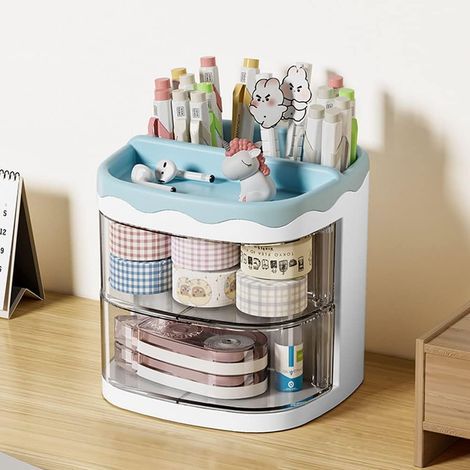 Organiseur de bureau avec tiroir pour fournitures scolaires - Porte-crayons bleu (1/5)