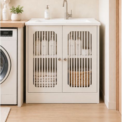 Mobile Sottolavabo con 2 Ante a Doghe e Ripiano Regolabile, per Bagno, Pannello Truciolare, Bianco (1/5)