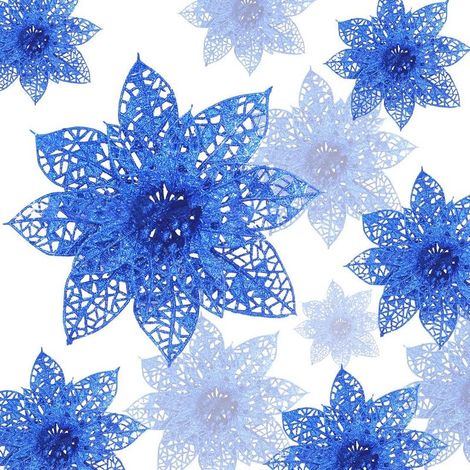 24 poinsettias scintillants, fleurs artificielles de Noël, décorations de sapin de Noël, ornements de sapin de Noël (bleu) (1/5)