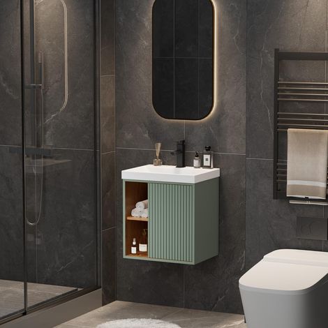 UEV Mobile Bagno con Lavabo in Resina con Rubinetto al Centro, Mobiletto Bagno Sospeso con Unico Design e Praticità, Motivo a Righe Verticali, 50 x 38 x 55 cm, Verde (1/5)