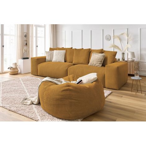 Canapé droit fixe BOBOCHIC - Canapé droit fixe 4 places VOLTAIRE velours côtelé avec pouf Jaune (1/5)