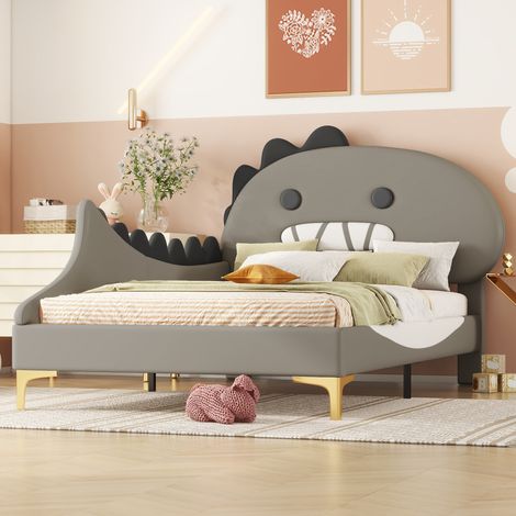 Lit pour enfant 90x200cm en forme de dinosaure cartoon, sommier plat gris PU