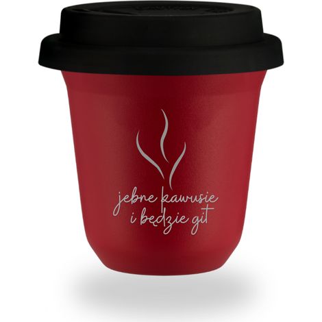 150 ml roter Becher „Nur ein bisschen Kaffee, und alles wird gut“, mit schwarzem Deckel