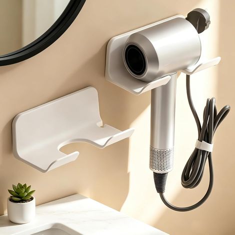 Support universel pour sèche-cheveux, fixation murale autocollante, blanc - 2 pièces - Ce support de rangement universel s'adapte à la plupart des marques de sèche-cheveux et est idéal pour organiser (1/5)
