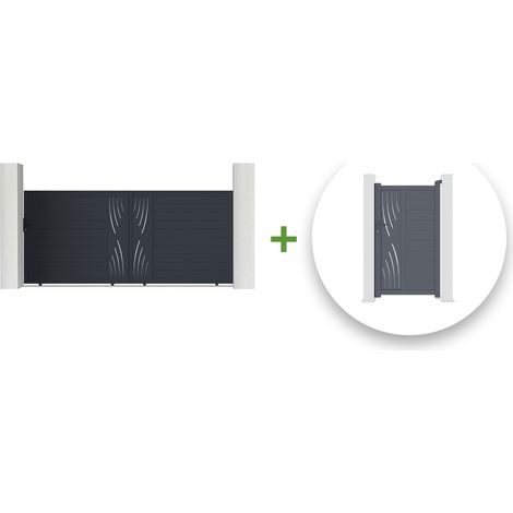 Pack portail coulissant VELETA 400x180cm + Portillon VELETA 100x180cm Gris (1/5)