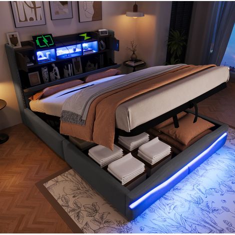 Letto contenitore in lino grigio 140x200 cm con sistema idraulico, illuminazione a LED e porte USB/USB-C. (1/5)