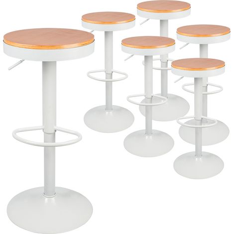 Lot de 6 Tabouret de Bar en Bois et Métal, pour Maison Cuisine Comptoir Bistro, Chaises de Salle à Manger Hauteur Réglable et Pivotant 360° - Blanc (1/5)