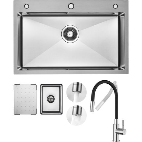 Küchenspüle aus Edelstahl 70x45cm Gebürstete Mit Abtropffläche + Universeller Küchenarmatur Gebürstete Küche Wasserhahn Hohe 380MM (1/5)