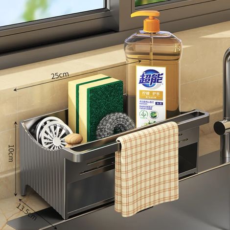 (GRIS) Égouttoir de rangement automatique pour évier, porte-savon/éponge, porte-shampoing, porte-serviettes, porte-serviettes (1/5)