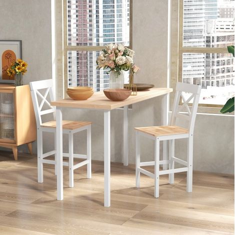 Lot de 2 tabourets de bar en bois de pin naturel avec dossier et repose-pieds, style rustique (1/5)