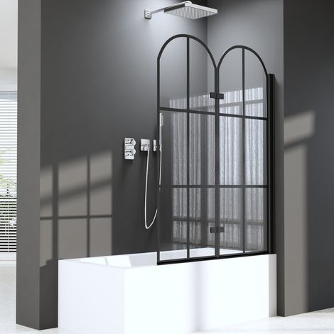 120x140 cm Badewannenaufsatz Schwarz Duschwand für Badewanne 2-teilig faltbare, Bogenförmig Duschtrennwand Duschabtrennung aus 6mm ESG Sicherheitsglas