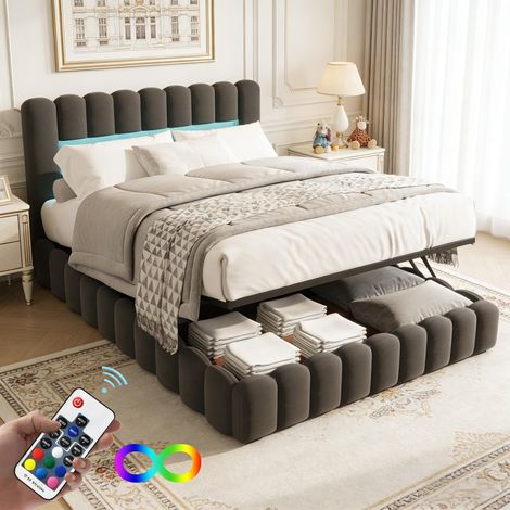 Lit coffre 140 x 200, lit 140x200 avec sommier, lit double avec port USB et LED, Lit Rembourré Lin Gris, cadre de lit souche d'arbre (1/5)
