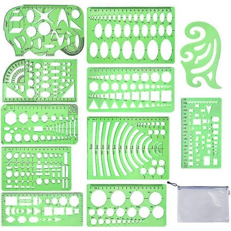 11 gabarits de dessin géométrique, pochoirs, gabarits de mesure en plastique, règles, gabarits de formes vert vif compatibles avec le dessin technique - Parfait (1/5)